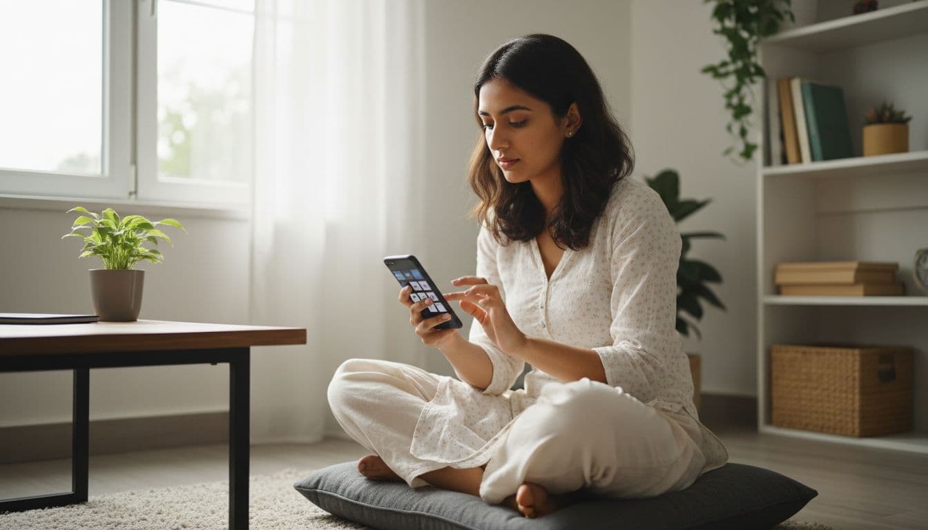 Young Indian freelancer sits in simple home office typing on smartphone freelance app with focused expression under window light.