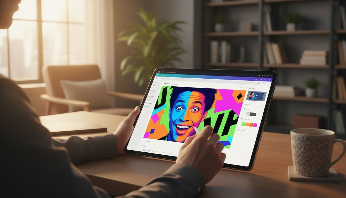 Hands adjust bold video thumbnail on angled Canva tablet screen at desk with coffee mug in modern home office.