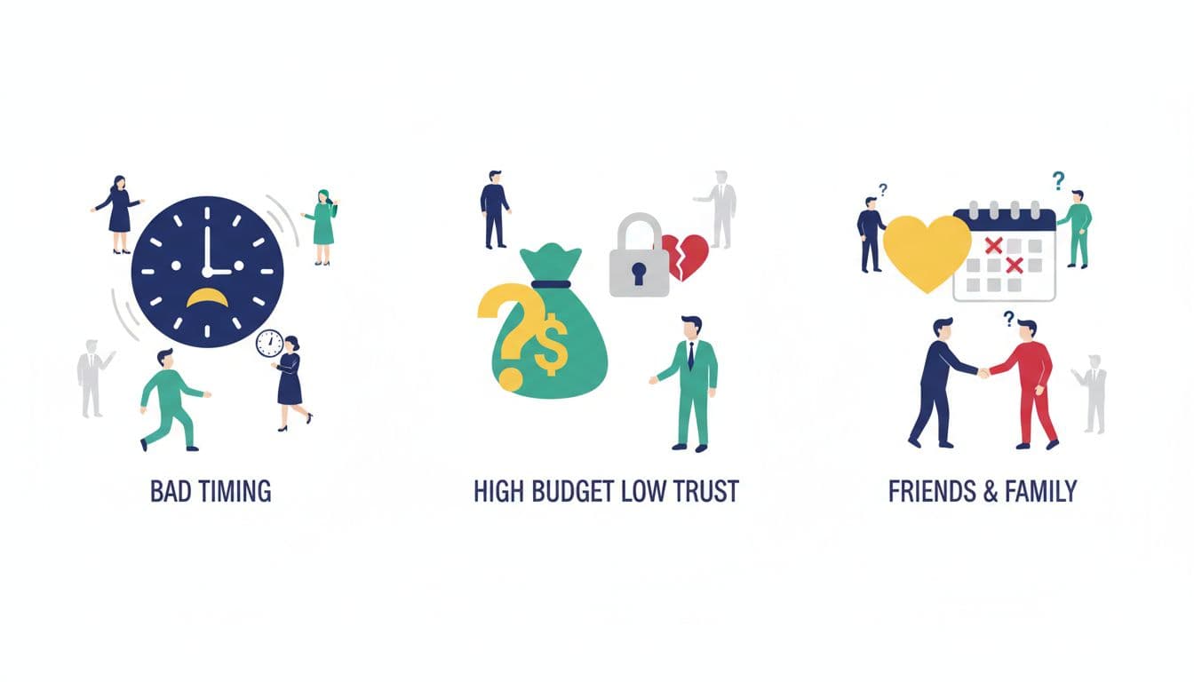 Clean vector flat design illustration depicting three client edge cases: bad timing, high budget low trust, and family/friend conflicts, for a small business blog.
