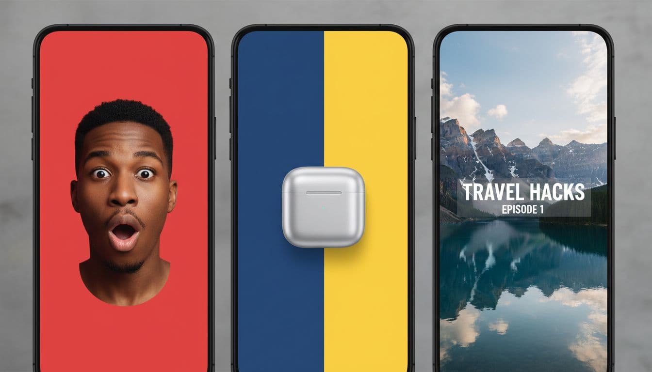 Three side-by-side mobile screens show preview images of thumbnails: surprised face on red, product in blue-yellow contrast, text on scenic background.