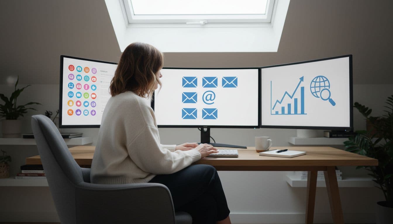 A single professional seated comfortably in a modern home office at a desk with multiple screens displaying vague icons for email, social media, and blog analytics, hands relaxed on keyboard in a thoughtful reviewing pose under natural overhead lighting.