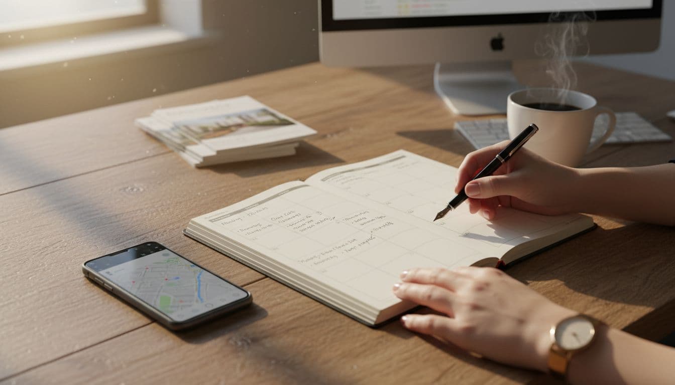 An open leather-bound planner rests on a wooden desk alongside a smartphone and a steaming coffee mug. A person's hand reaches for a pen to organize weekly real estate appointments.