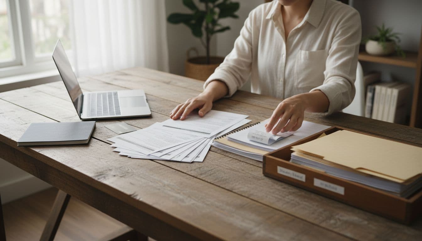 One person at a wooden desk in a home office organizes receipts into labeled folders amid spread-out bank statements, credit card, notebook, and open laptop, under soft natural light in a realistic photograph.