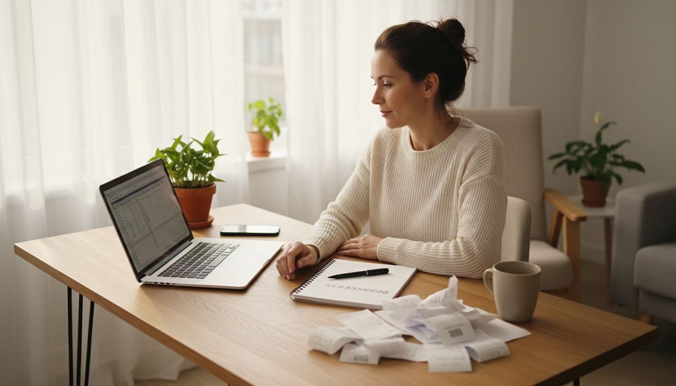 One small business owner at a cozy home office desk in a bright living room with laptop, smartphone, notebook, receipts, and coffee mug under natural daylight.