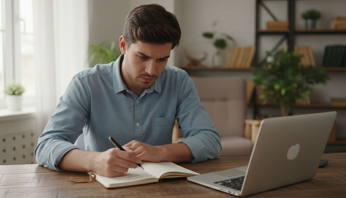 A young entrepreneur in a cozy home office sits at a desk with an open notebook, writing a single simple sentence defining their business niche, laptop nearby, focused and thoughtful under natural window light, realistic photography.