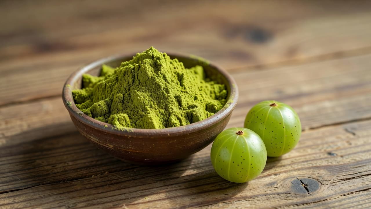 A small rustic bowl contains vibrant green amla powder resting on a weathered wooden surface. Two fresh Indian gooseberries sit beside the container, illuminated by soft and warm morning sunlight.