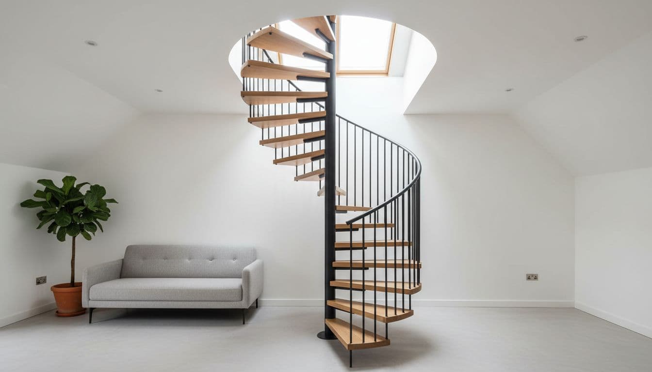 Sleek black powder-coated steel spiral staircase with oak treads as central feature in a compact modern UK loft conversion, airy feel with natural skylight and minimal furniture.