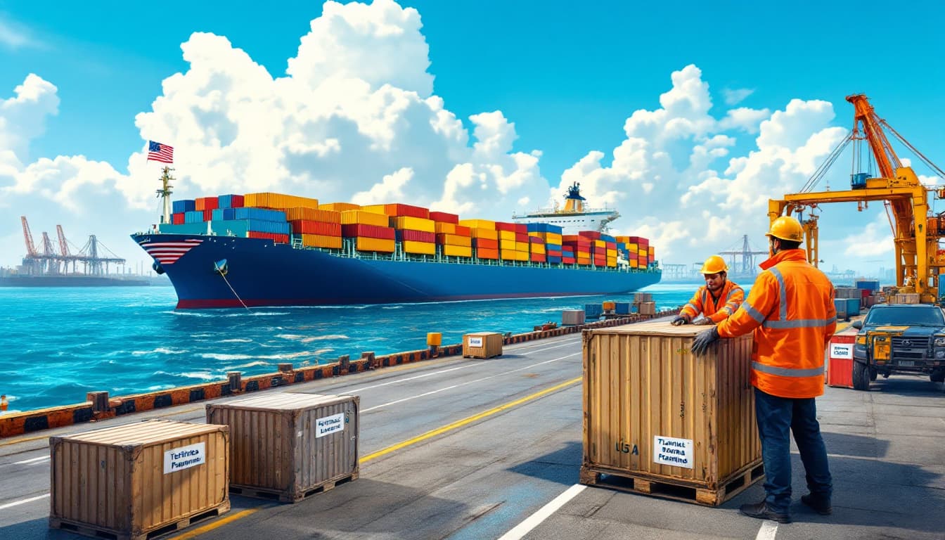 Busy Indian port loading containers bound for the USA, cranes, workers, and cargo ships in daylight