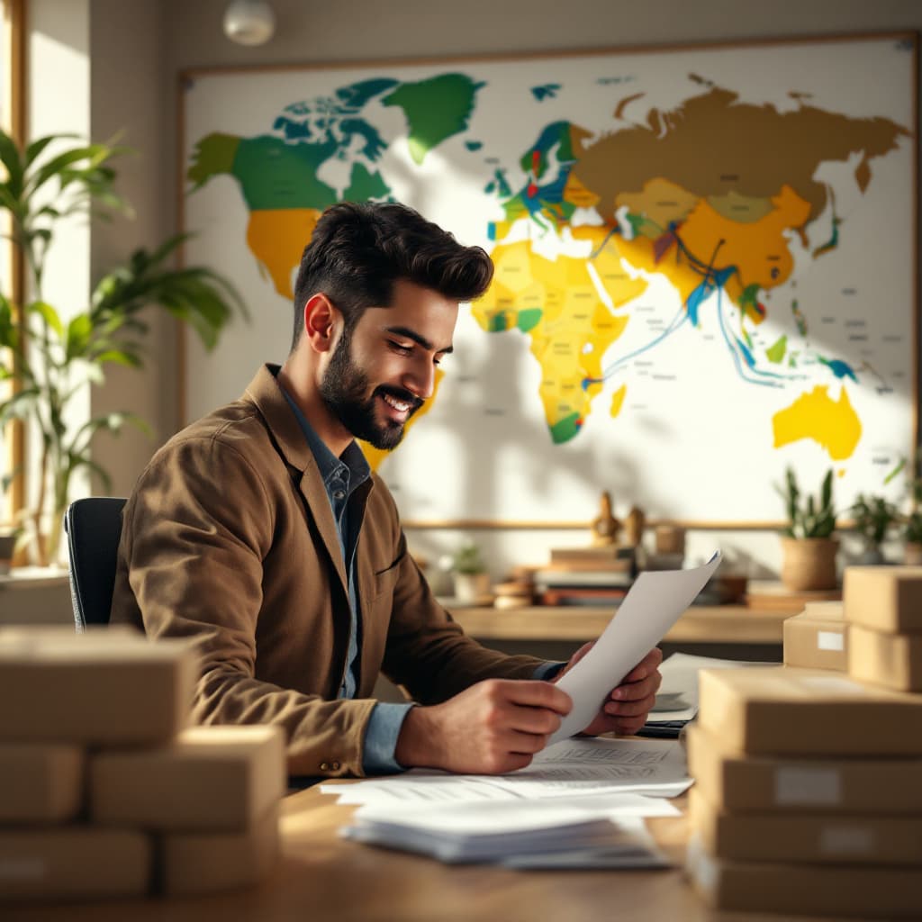 Young Indian entrepreneur reviewing export documents with packaged goods and a world map in the office