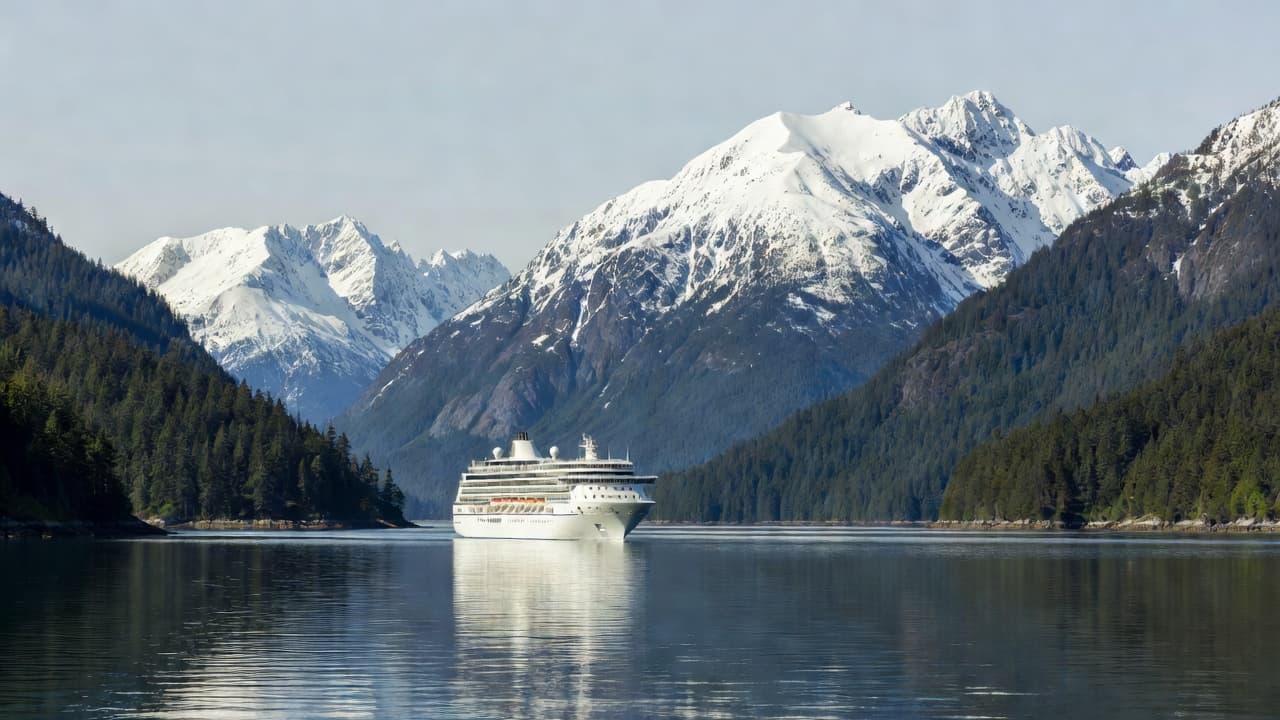 A pristine white cruise ship glides across the tranquil blue waters of a bay. Tall snow-dusted mountain peaks and lush evergreen pine forests frame the serene coastal waterway under clear skies.