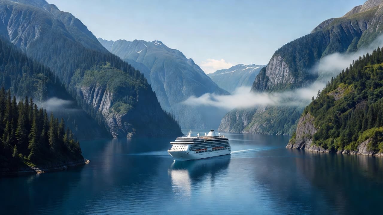A massive white cruise ship navigates through the deep blue waters of a misty fjord. In the background, rugged mountains blanketed with dense evergreen forests rise sharply against the cloudy horizon.