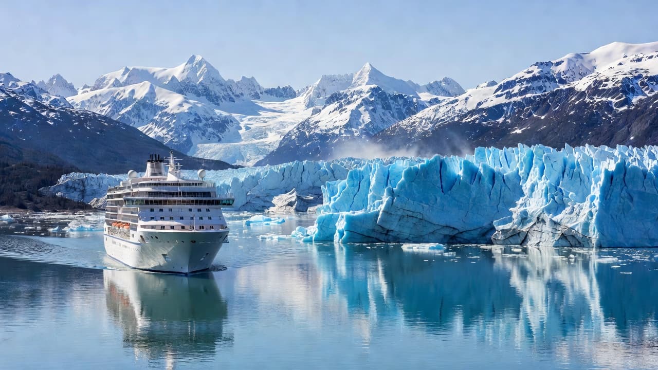 A massive white cruise ship navigates calm icy waters directly in front of a towering blue glacier. Rugged snow-capped mountain peaks rise sharply in the distance under a bright clear sky.