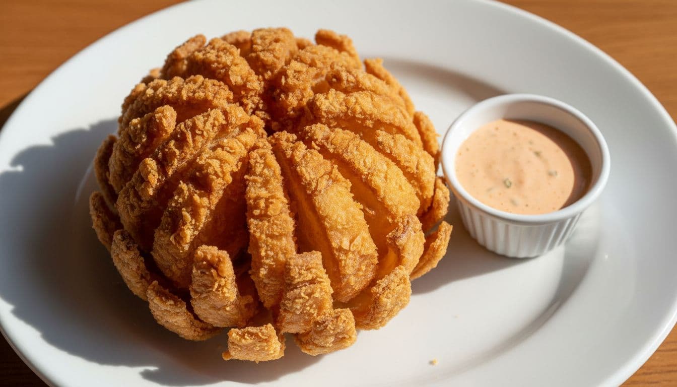 Texas Roadhouse Cactus Blossom Calories: What You're Really Eating 1 Texas Roadhouse Cactus Blossom Calories - Golden-fried whole onion cut into petals on white plate with creamy Cajun sauce cup.
