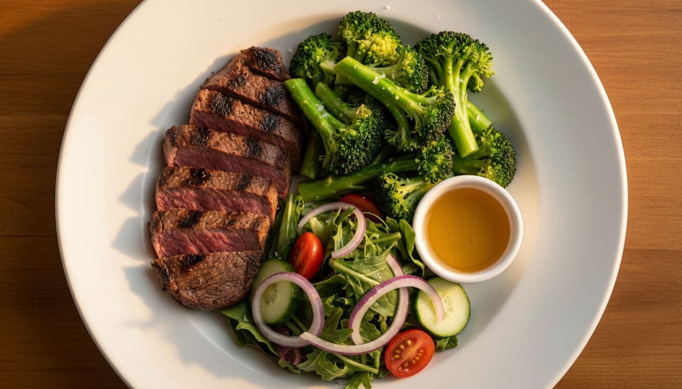 Dinner plate with grilled sirloin steak, steamed broccoli, and side salad with dressing.