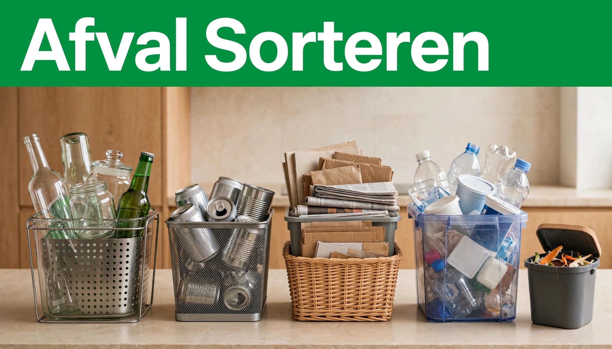Vier afvalstromen staan gescheiden in een lichte keuken.