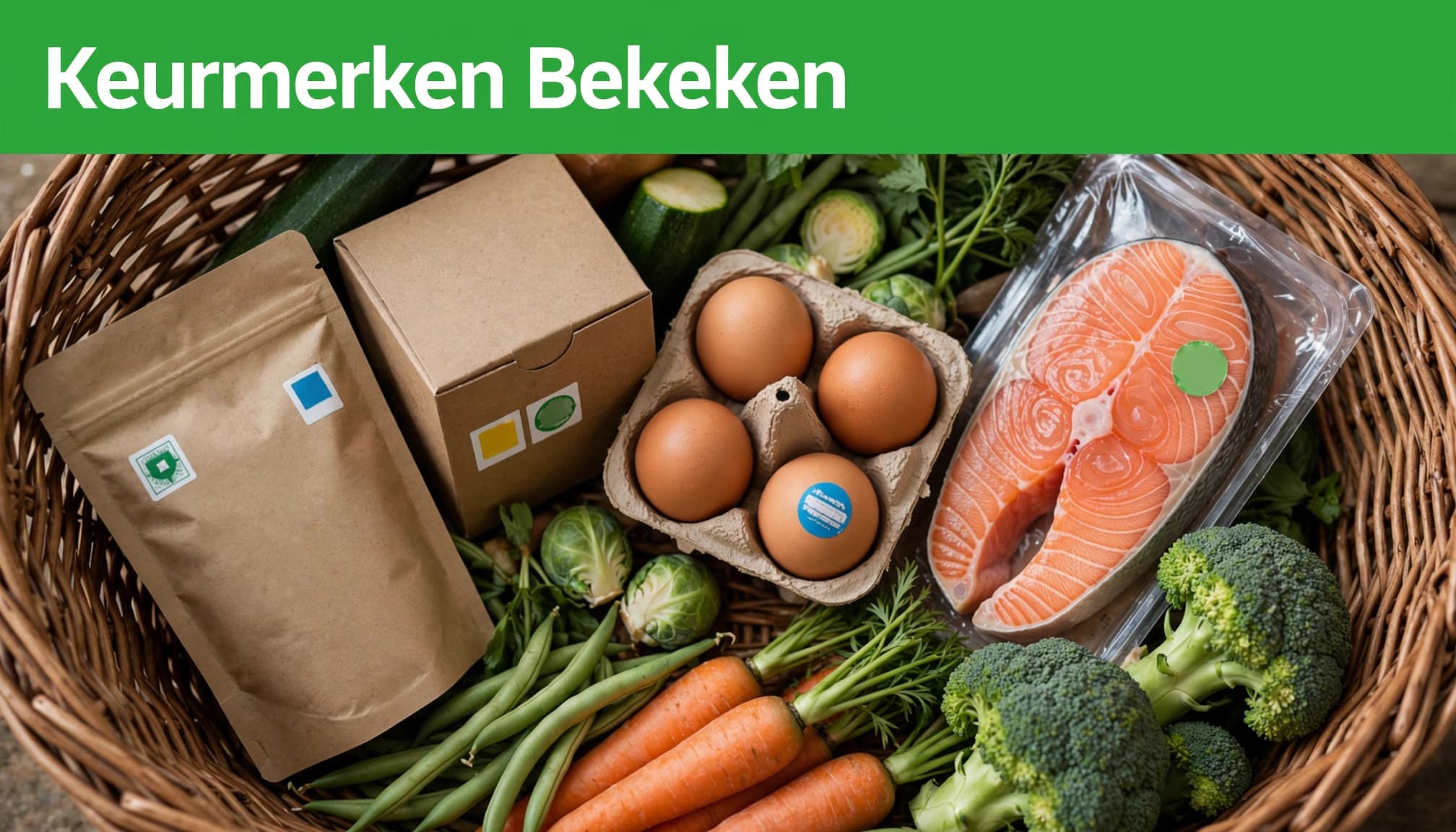 Een mand met koffie, thee, eieren, vis en groenten onder een groene kopstrook.