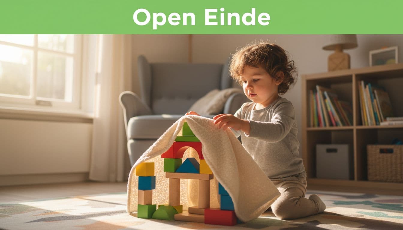 A young child stacks colorful wooden blocks and drapes a soft cloth over them to build a house on a play mat in a cozy living room, highlighted by the bold 'Open Einde' headline in a green band.