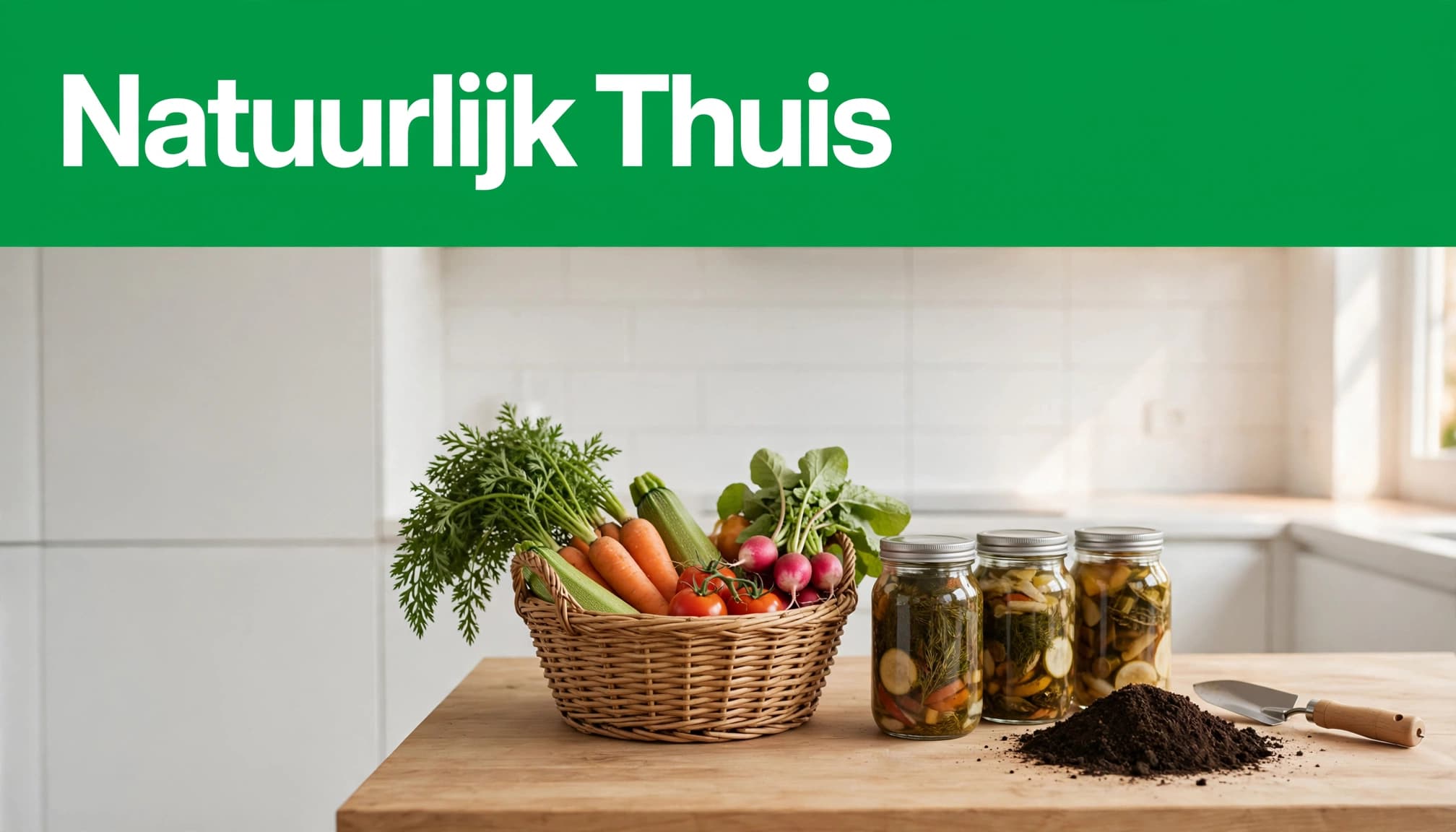 Een mand met groenten, weckpotten, compost en een handtroffel in een lichte keuken.
