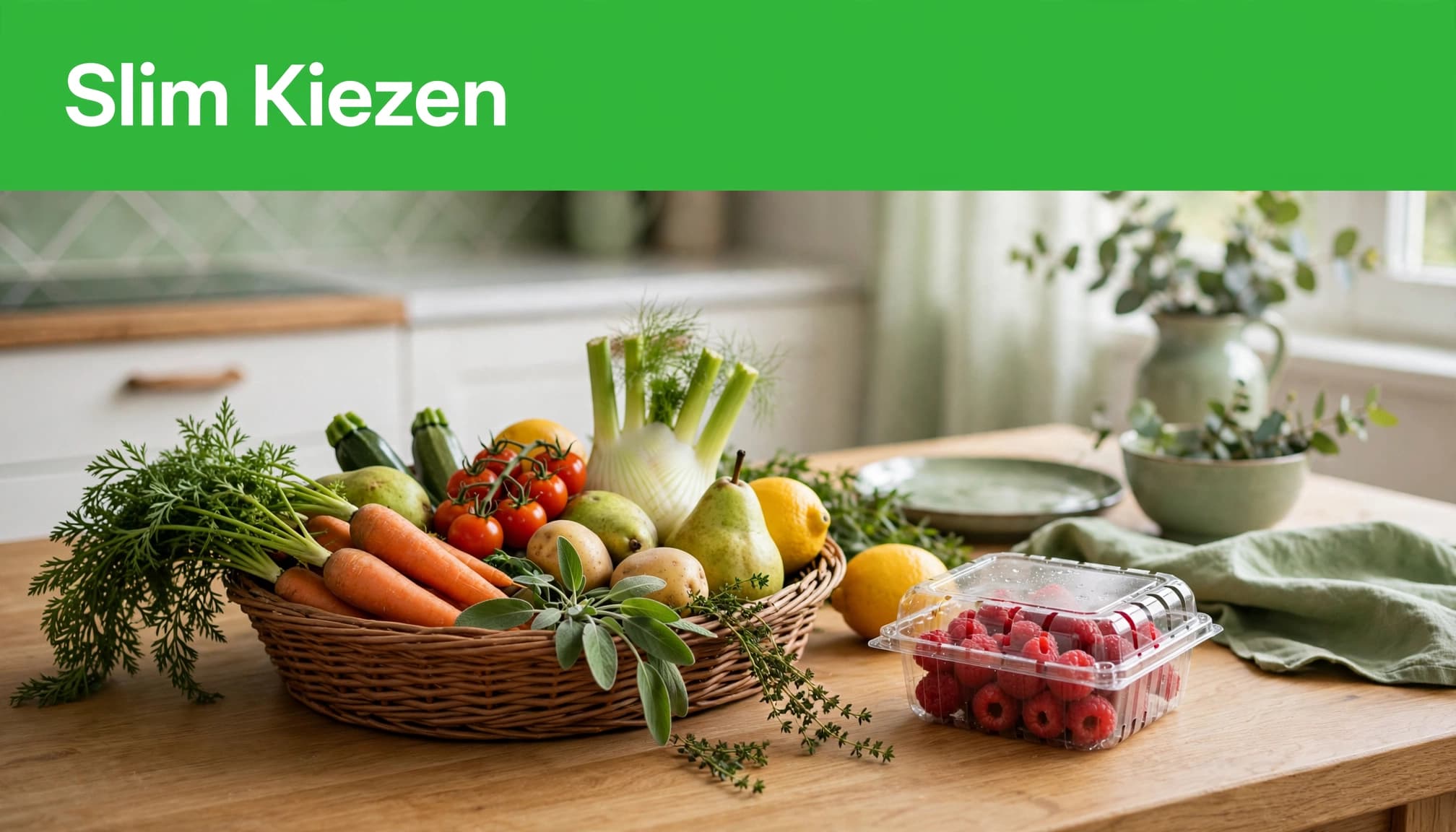 Een mand met groenten en fruit staat naast een doosje frambozen op een houten tafel.