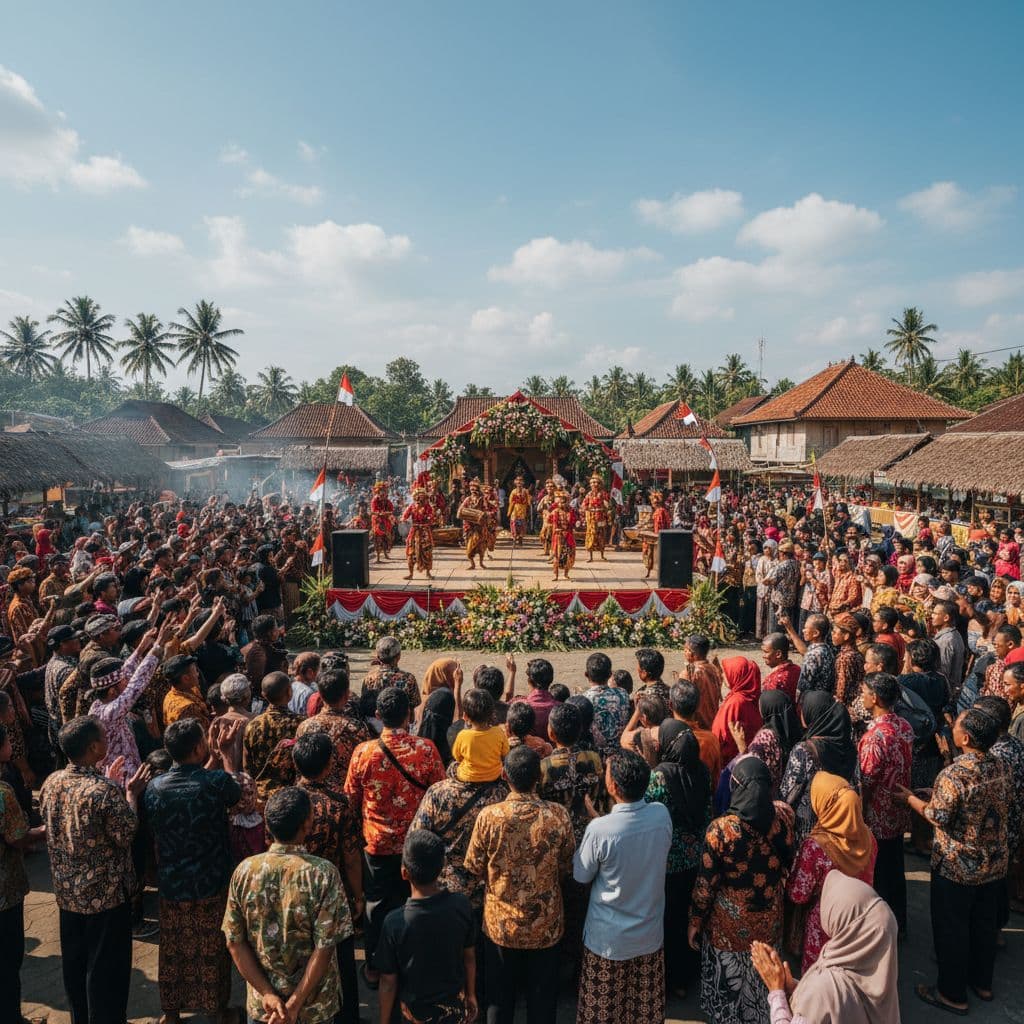 Large crowd of locals gathers around main stage at outdoor event in sunny Indonesian village.