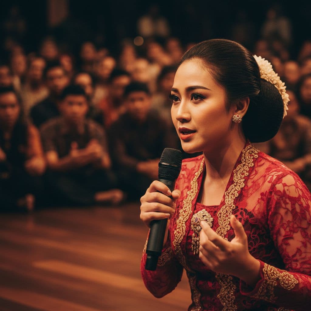 Close-up of person on stage holding microphone, engaging crowd.