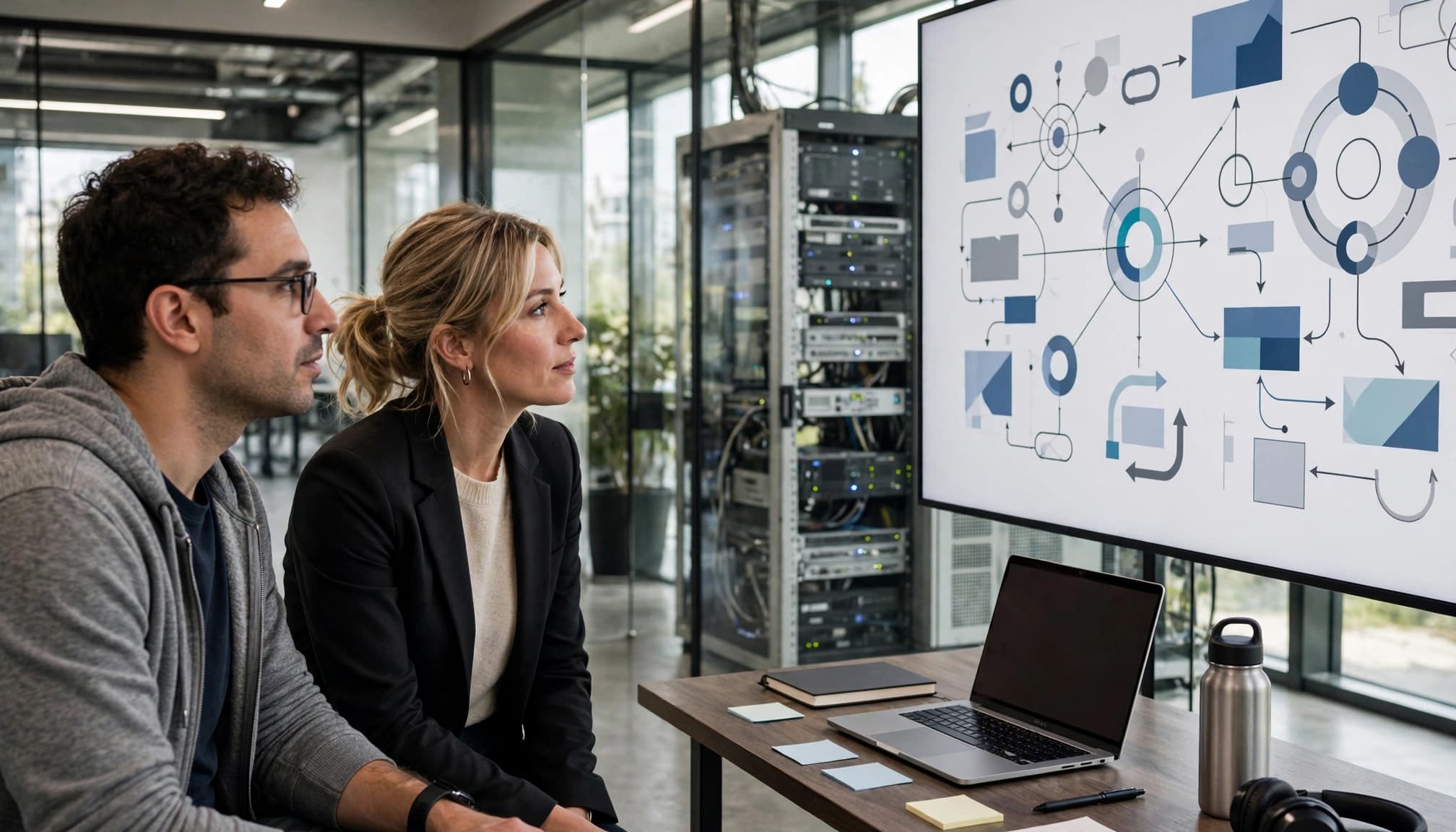 An engineer and operations lead review diagrams beside hardware racks.