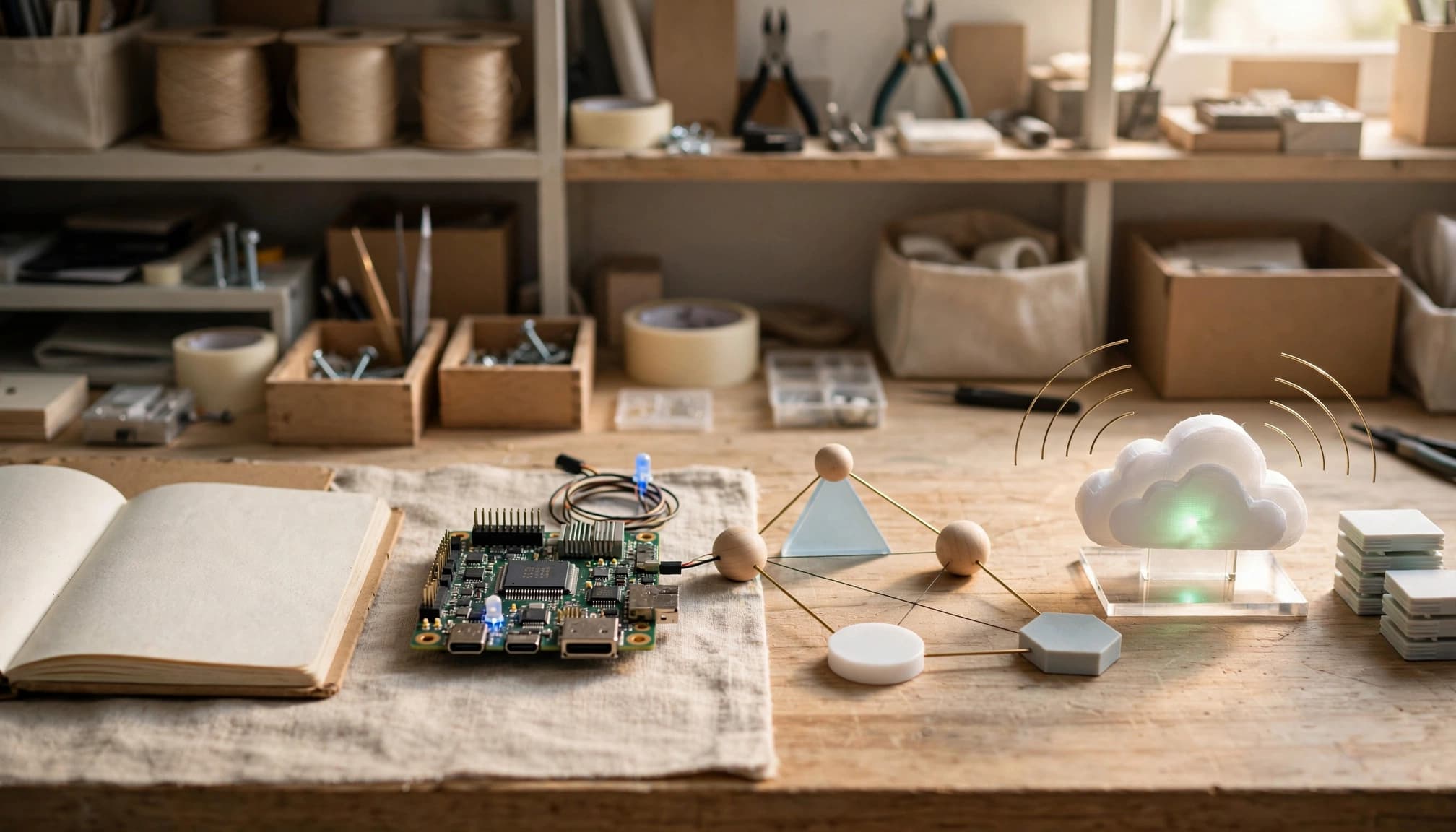 Blank notebooks, a small computer, abstract connection shapes, and a miniature web service line a workbench.