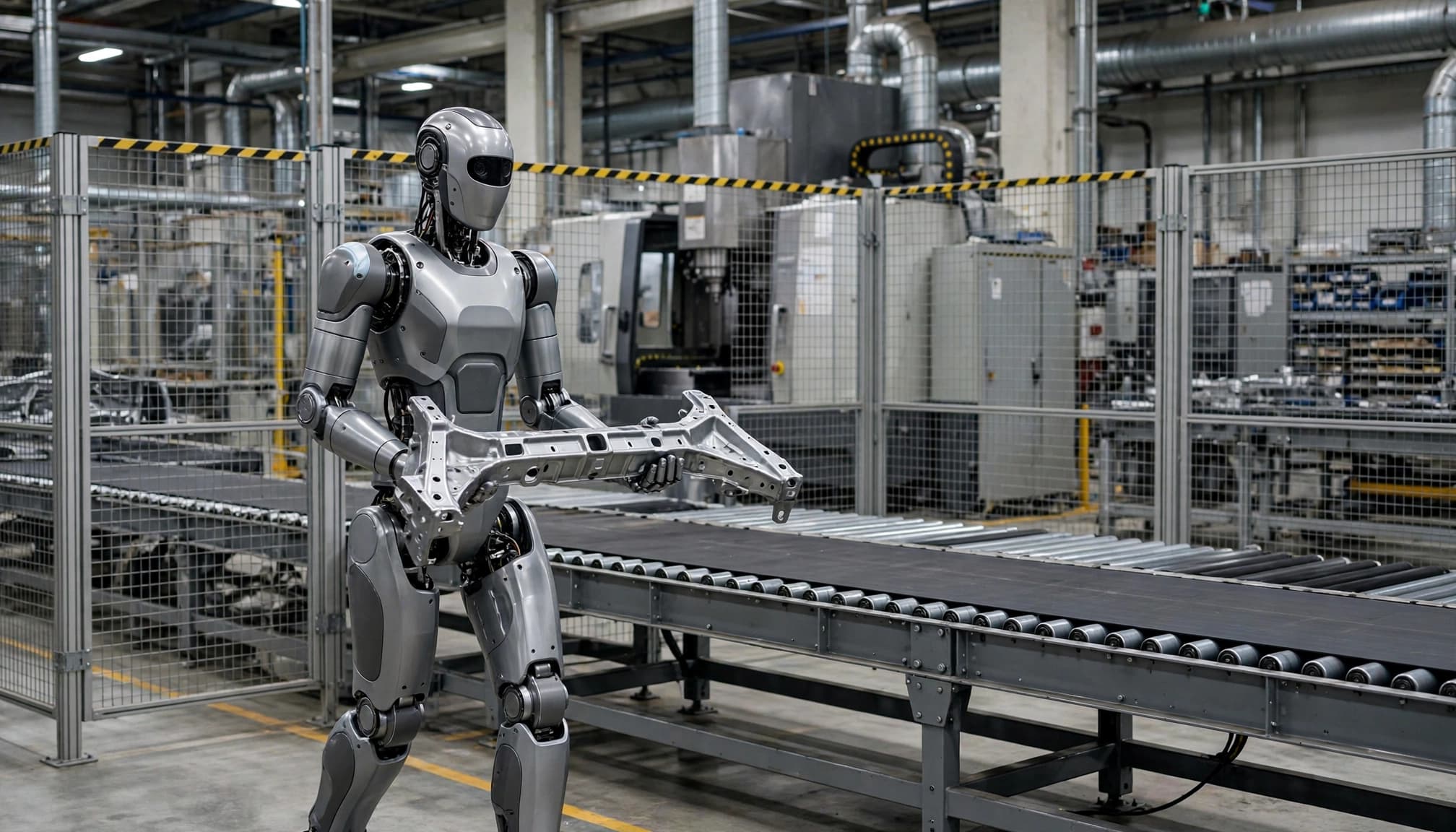 A humanoid robot moves a metal part beside a factory conveyor.