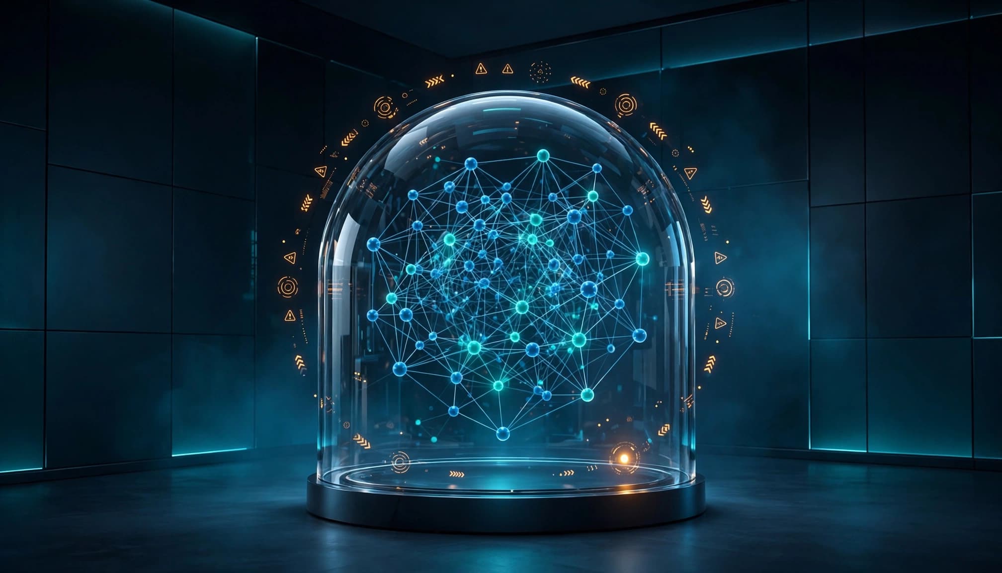 A glass shield protects a glowing network graphic in a dark room.
