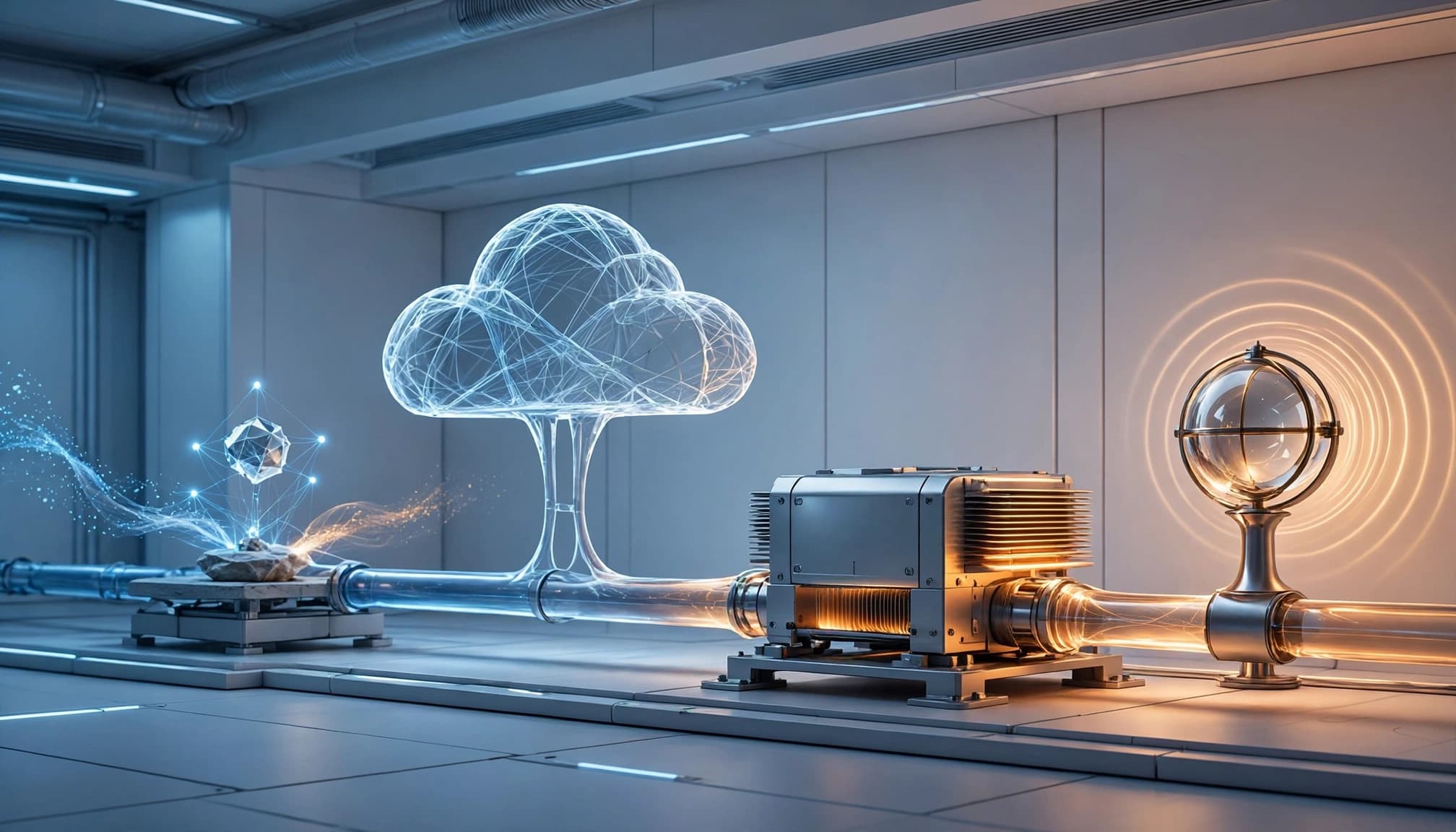 Light sculptures mark data sources, retrieval, an application service, and monitoring along a secure pipeline.