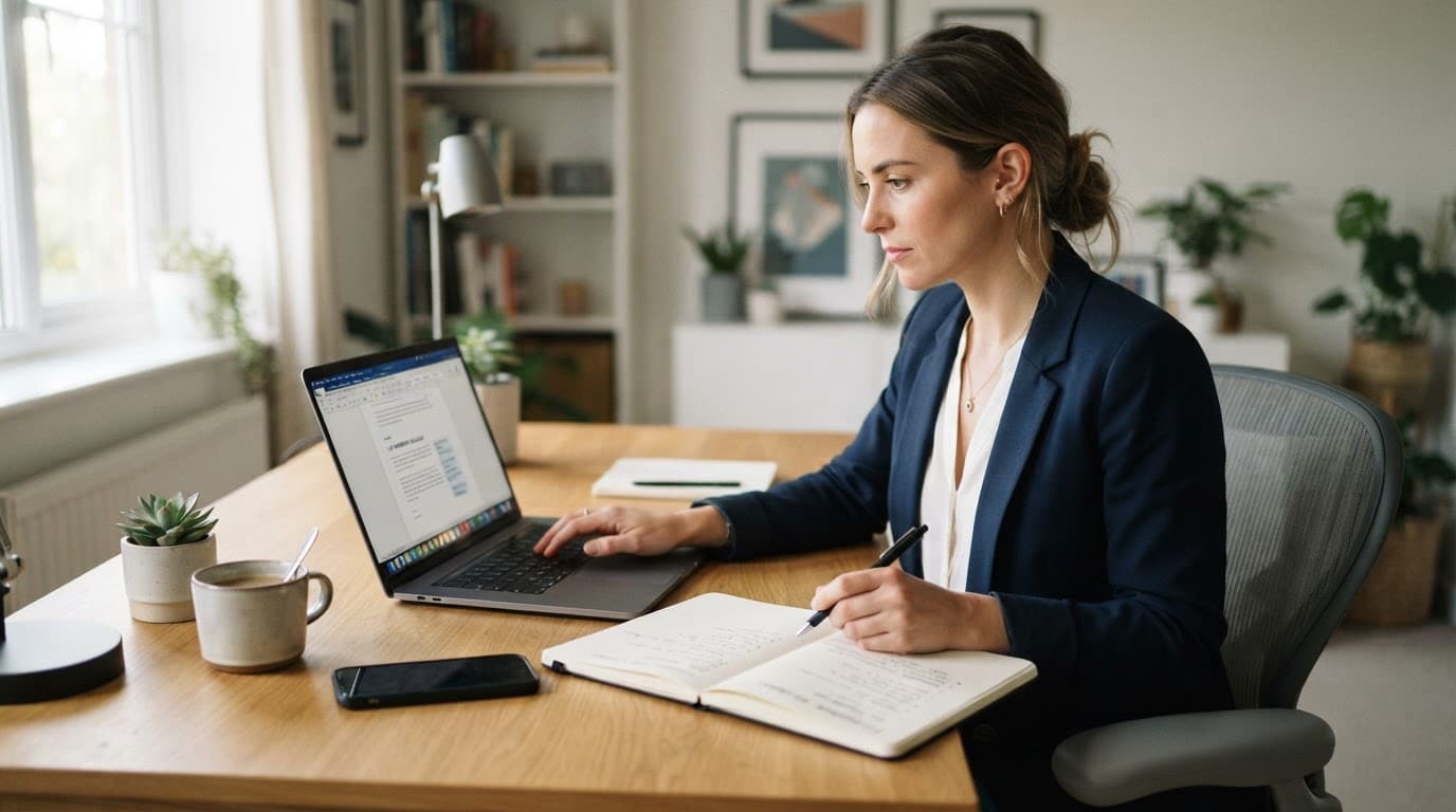 A professional works at a neat desk with a laptop and notebook in daylight.