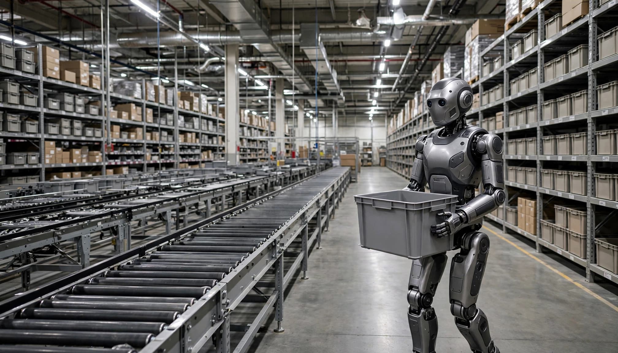 A humanoid robot carries a plastic tote down a warehouse aisle.