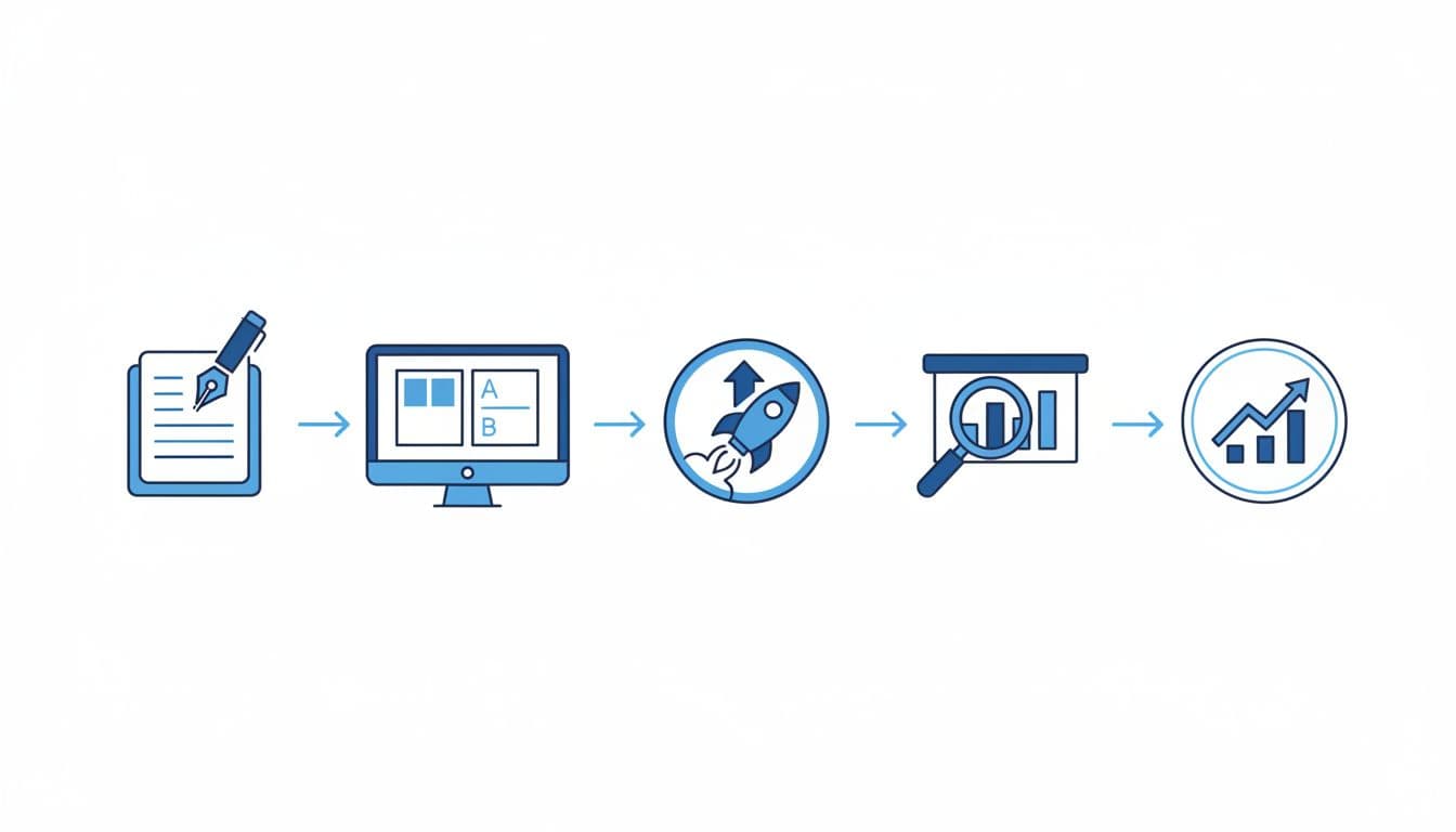 Modern illustration of a horizontal sequence of icons depicting the A/B testing process for product pages, from writing to analytics graph, using clean shapes in blues and whites on a white background.