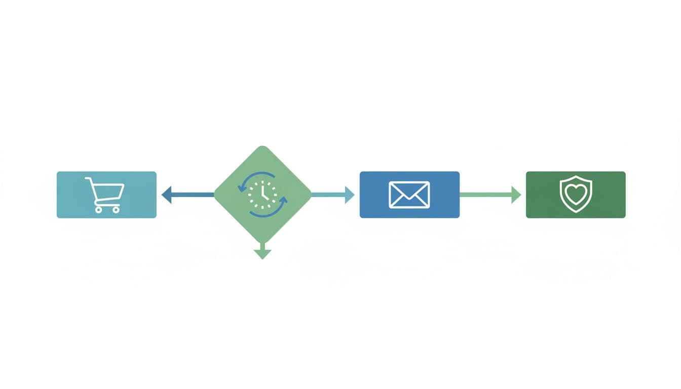 Modern illustration of a simple email automation workflow for abandoned carts, shown as a flowchart with icons for cart, timer, email send, and recovery in clean blue and green tones on white background.
