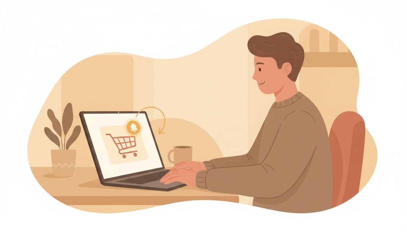 Modern illustration of a shopping cart on a laptop screen with notification bell for abandoned cart reminder email, person at desk with relaxed hands on keyboard in soft office setting.