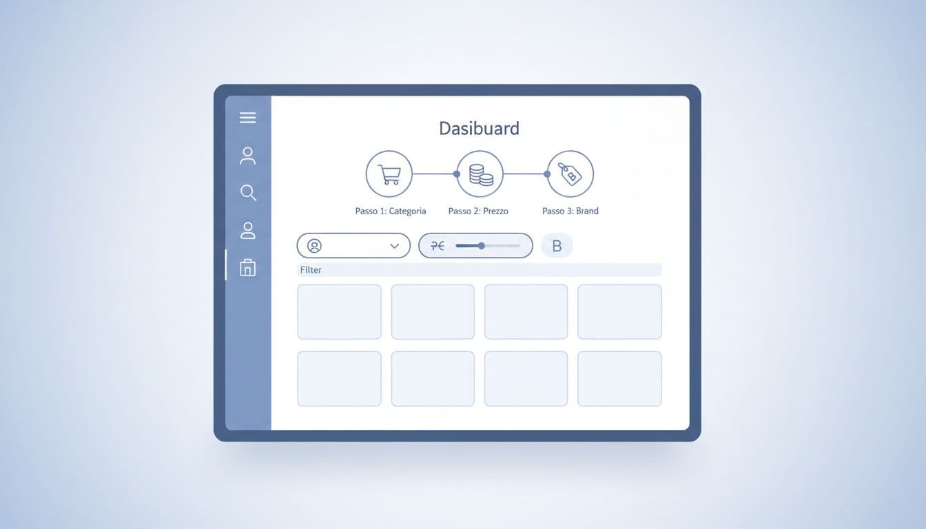 Modern illustration of a simple dashboard interface demonstrating step-by-step addition of product filters for category, price, and brand using clean icons in soft blues and whites.