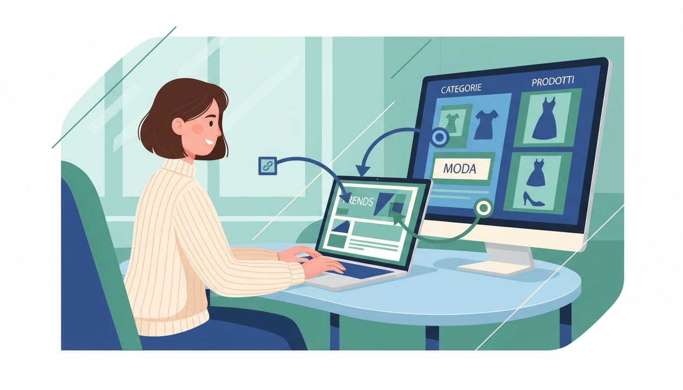 Modern illustration of a blogger at a desk writing a fashion trends post on a laptop, with a secondary screen displaying links from the article to clothing category and product pages. Clean shapes in blues and greens, relaxed pose with hands on keyboard, strong composition extending to all edges.
