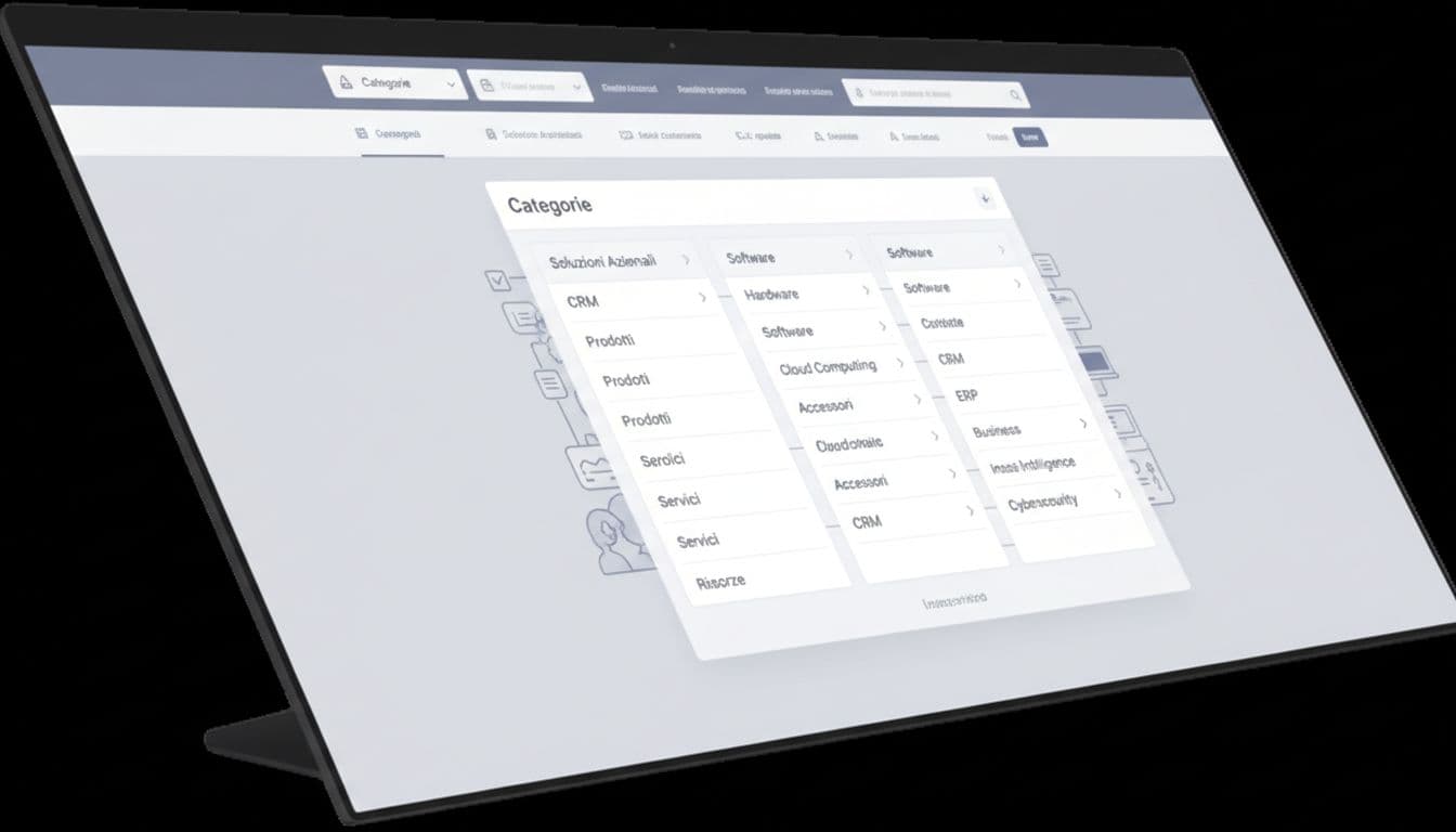 Clean professional illustration of a desktop ecommerce navigation menu featuring dropdown categories and subcategories on an angled screen view. Modern B2B UI design with neutral grays and soft blues, nested levels, and infographic style without readable text or logos.