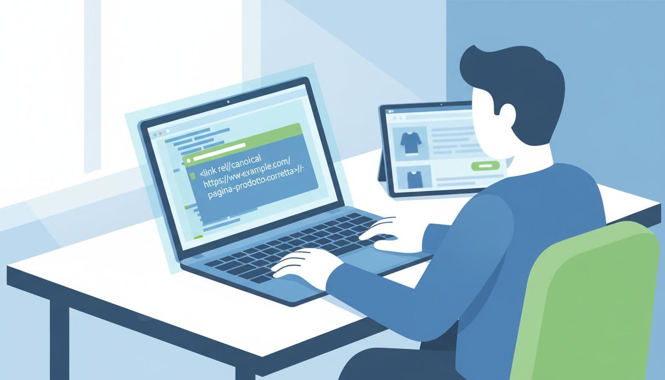 Modern illustration of a developer at a desk editing HTML code to add a canonical tag in a code editor on a laptop screen, with an e-commerce site preview nearby. Clean shapes in blues and greens, soft natural lighting, focused composition.