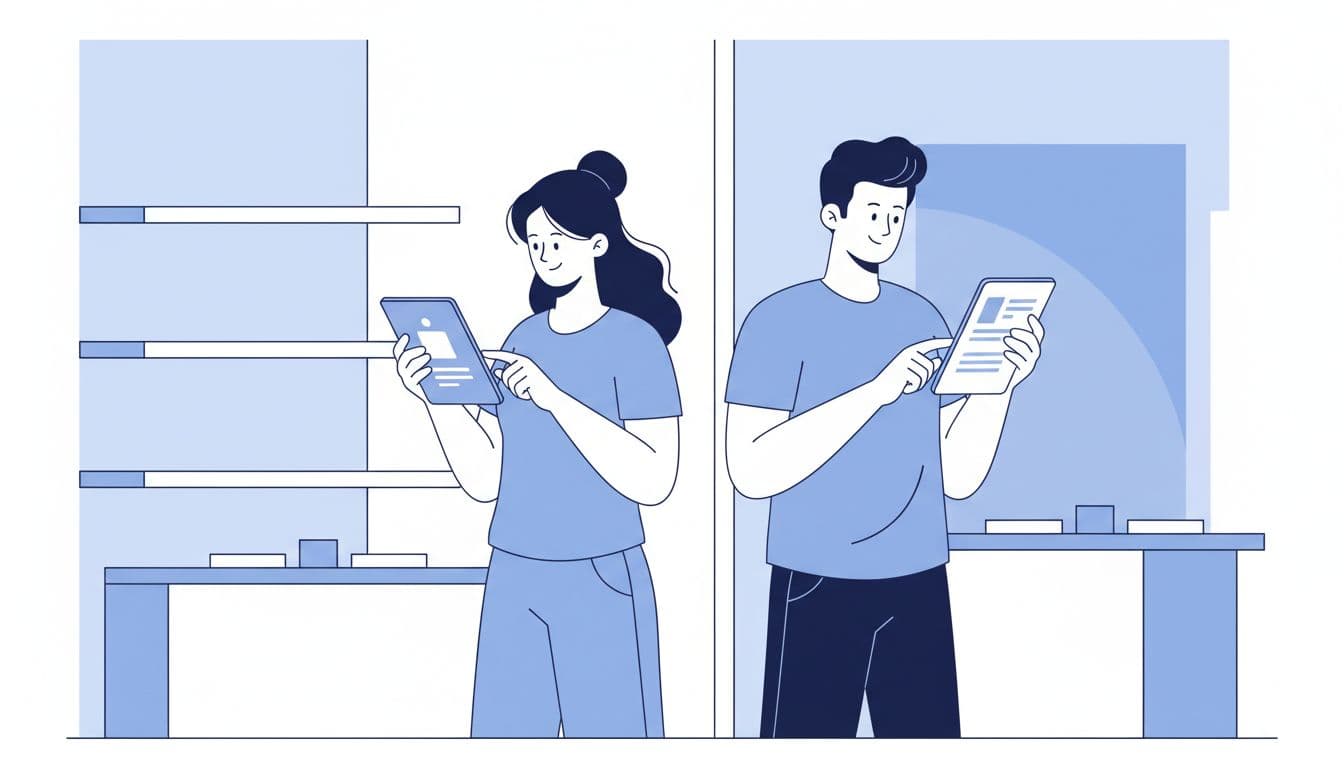 Modern illustration featuring two diverse shoppers in a simple store background, relaxedly holding a phone and tablet to review product details, using clean shapes and a blue-white color palette.