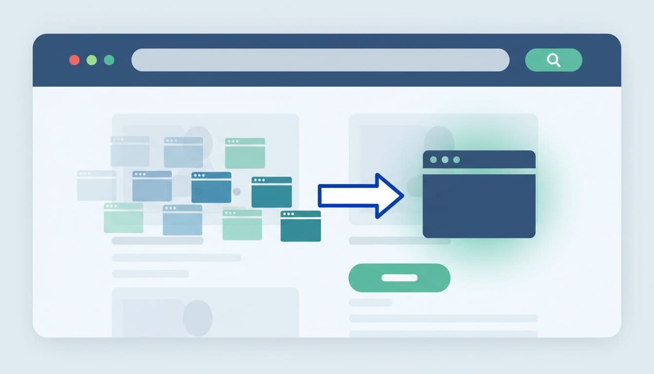 Modern illustration of multiple duplicate web page icons fading into one main canonical page with an arrow pointing to it, set against a simple e-commerce product page background using clean shapes and blues-greens.