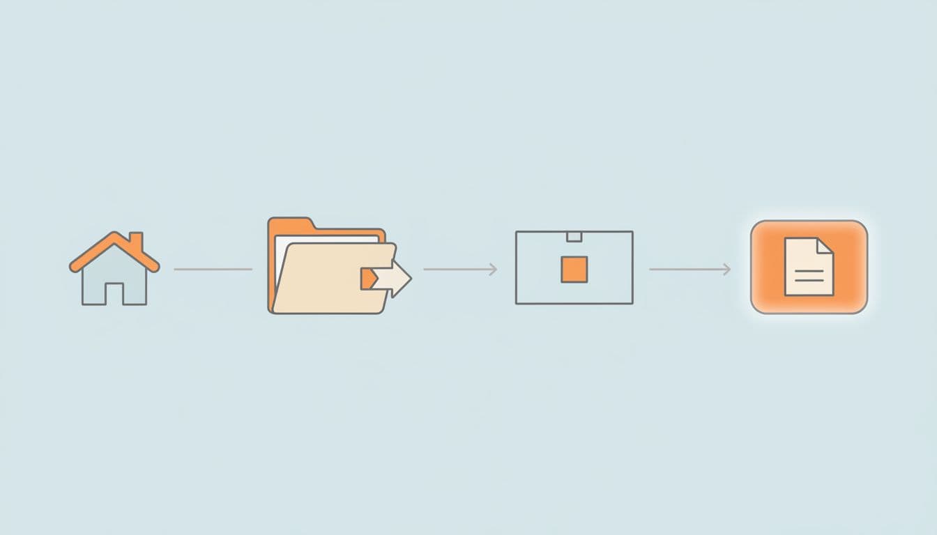 Modern illustrated horizontal flowchart depicting the steps to implement breadcrumb navigation on an ecommerce site, from home icon to active page highlight, using clean shapes, thin lines, neutral palette with orange accents on light blue background.