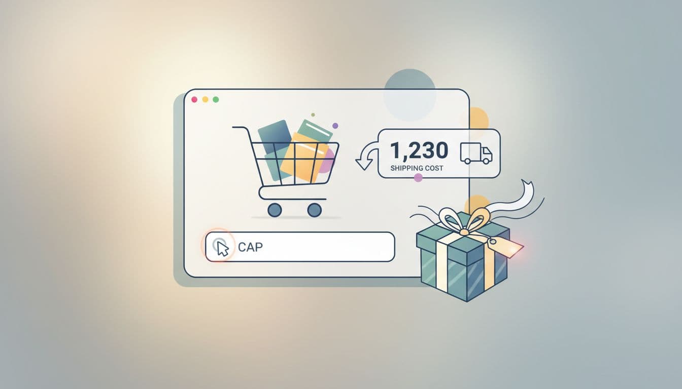 Clean modern illustration of an e-commerce shopping cart on a stylized checkout page, featuring dynamic shipping cost calculation based on entered postal code (CAP), with a ready package, simple centered elements, and natural lighting. No readable text, watermarks, letterboxing, or borders.