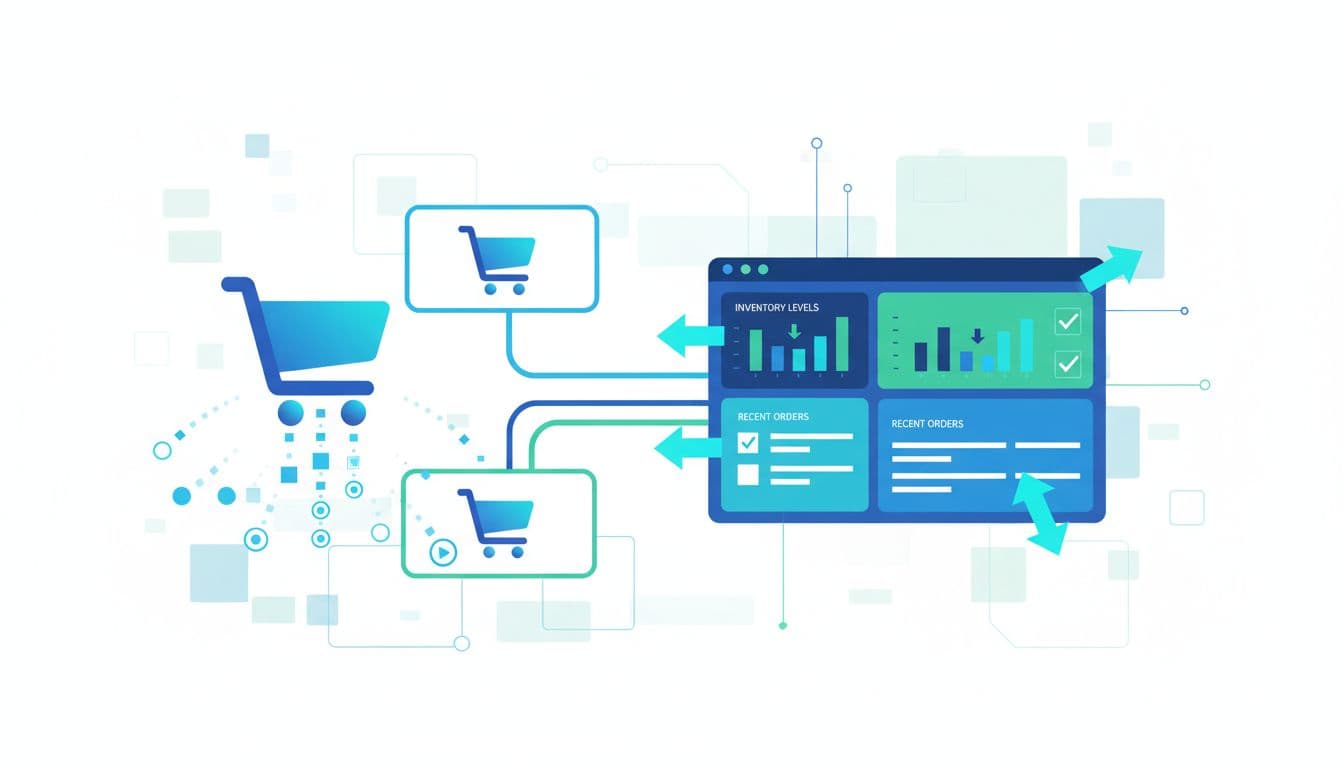 Modern illustration depicting data flowing from an ecommerce shopping cart to a management dashboard, updating inventory and orders in real-time with glowing arrows and clean blue-green design.