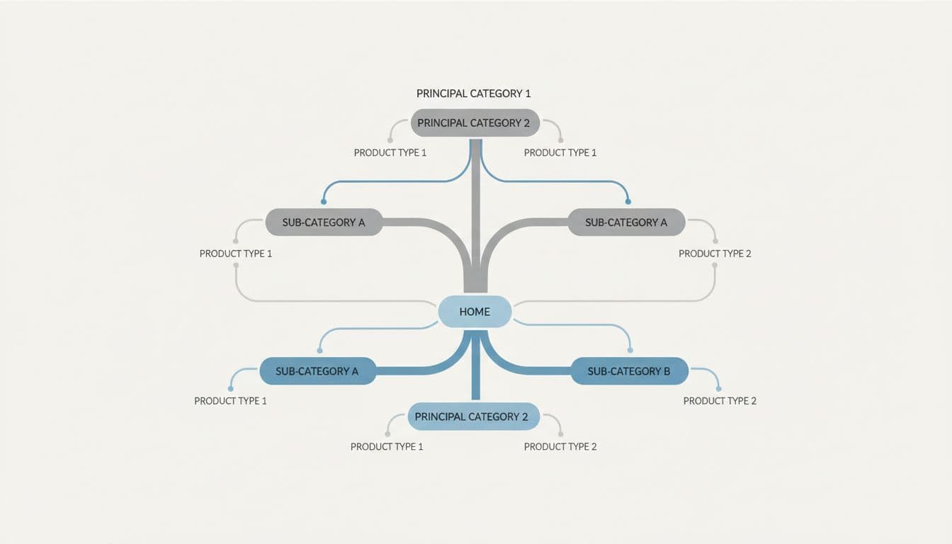 A professional infographic diagram depicting the hierarchical tree structure of main and secondary categories and subcategories for an ecommerce sitemap, with a symmetric central composition in neutral grays and soft blues.