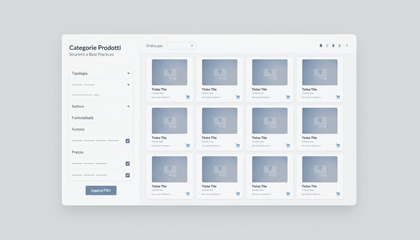 Clean professional illustration of a B2B ecommerce category page with left sidebar filters and right-side product cards in a balanced grid layout, using neutral grays and soft blues.