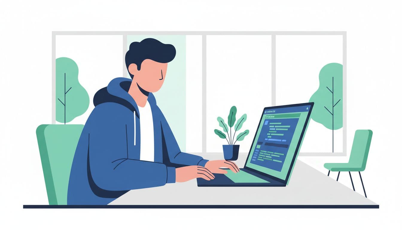 Modern illustration in blues and greens showing a developer in a bright office editing a robots.txt file open on a simple ecommerce website dashboard displayed on a laptop screen.