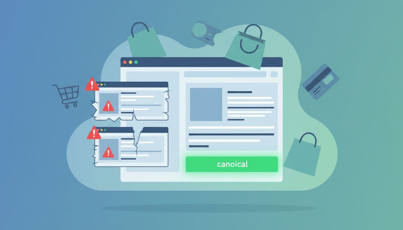 Modern illustration of an e-commerce website dashboard showing duplicate product pages with warning icons, one main canonical page highlighted, and shopping cart elements in the background.
