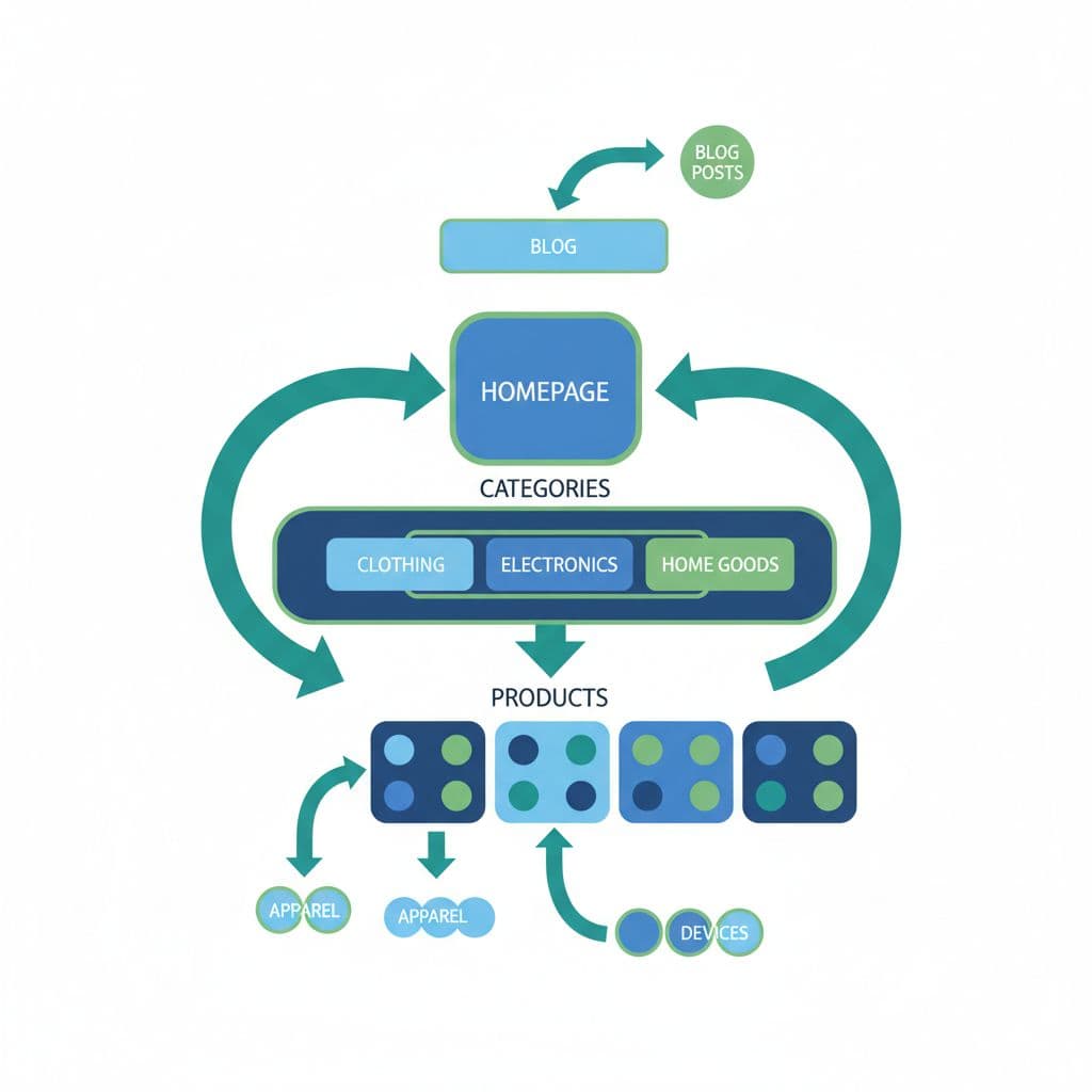 Modern illustration in blues and greens depicting an ecommerce website's internal link structure, with homepage as central hub linking to blog, product categories like clothing and electronics, and individual products. Clean shapes, strong composition, single square diagram without text or people.