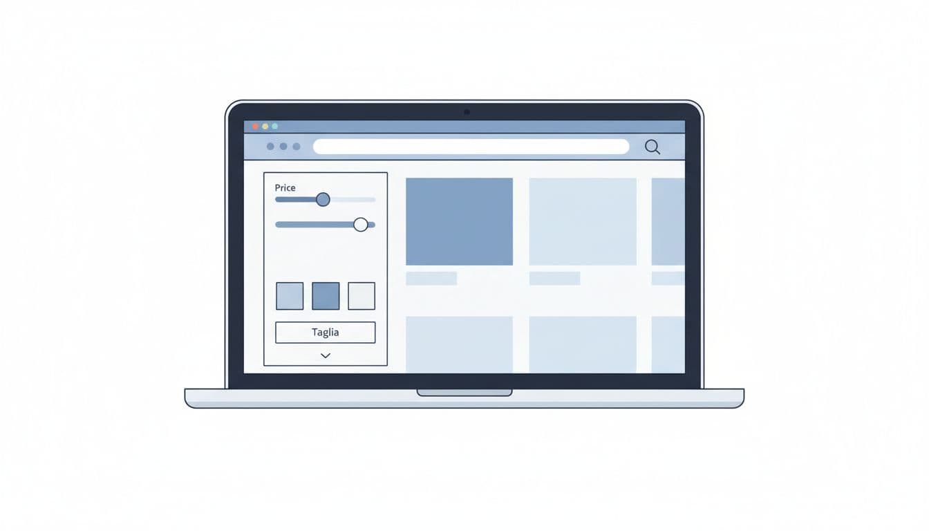 Modern illustration featuring a laptop screen displaying an ecommerce website with sidebar filters for price range slider, color checkboxes, and size dropdown. Clean design with soft blues and whites, centered composition, no text or people.